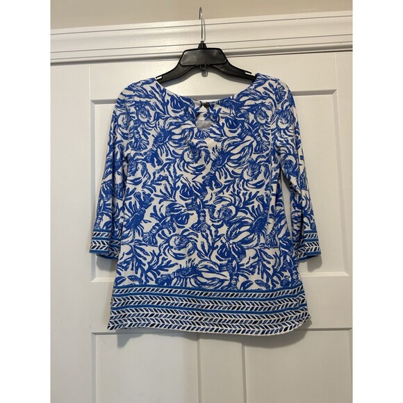Lilly Pulitzer Waverly Top Lobster On A Roll Women Small Blue White 3/4 Sleeve - Picture 4 of 4